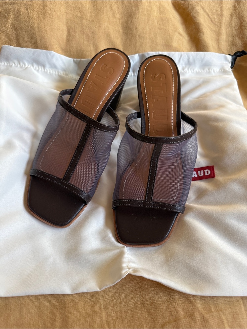 Brand New STAUD Alessandra heel espresso Mesh Slide Sandals Sz 7 / 37 ☕️
